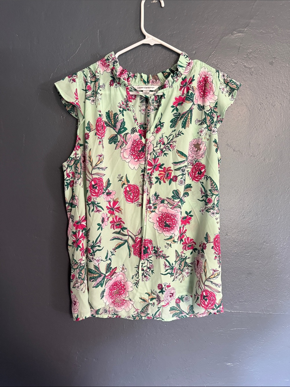 Counterparts Mint Floral Ruffle-Neck Camisole with Pink Roses